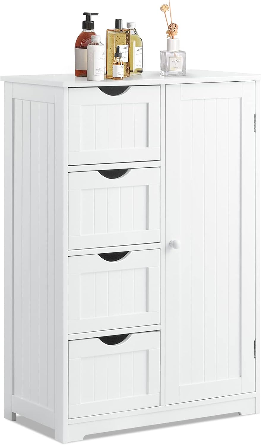 COSTWAY Bathroom Storage Cabinet, Wooden Storage Cupboard Organizer with 4 Drawers & Adjustable Shelf, Modern Floor Cabinet for Living Room, Bathroom, Kitchen, Entryway (White)