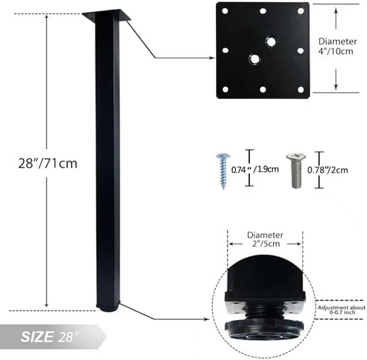 QLLY 28 inch Adjustable Metal Furniture Legs, Square Office Table Furniture Leg, Set of 4 (Black)