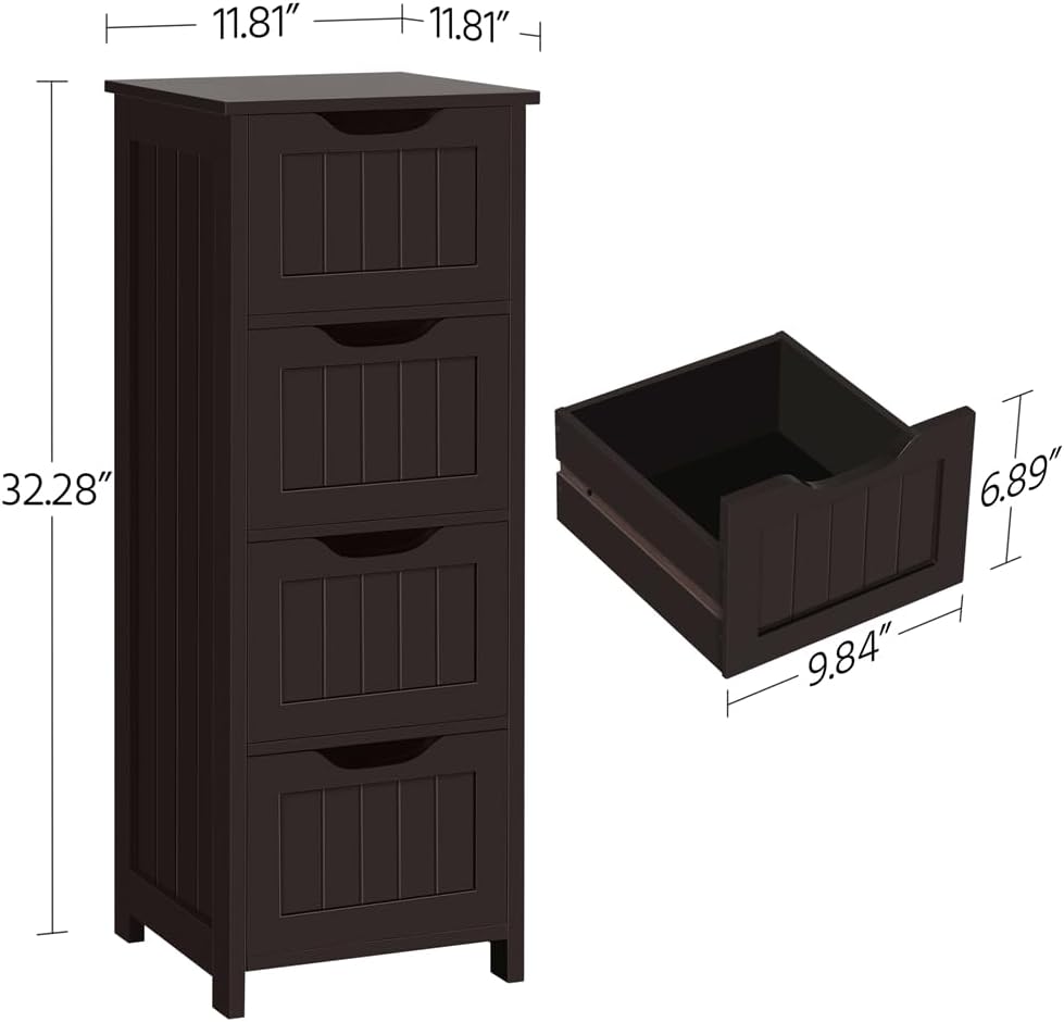 Yaheetech Bathroom Floor Cabinet, Wooden Side Storage Organizer, 4 Drawers Free-Standing Cabinet for Bathroom/Hallway/Living Room, Espresso