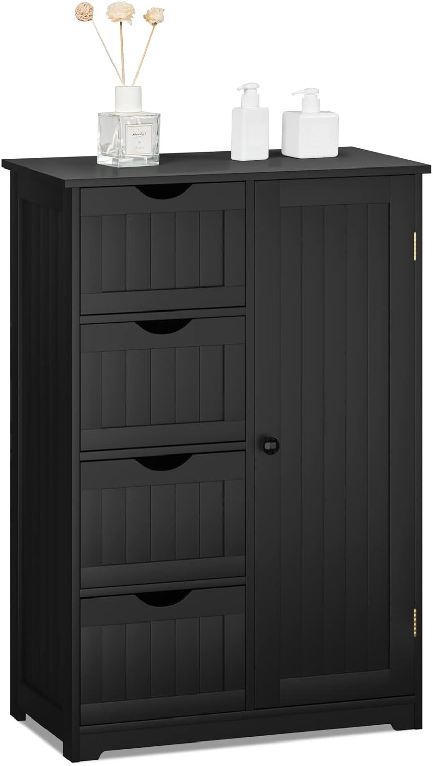 COSTWAY Bathroom Storage Cabinet, Wooden Storage Cupboard Organizer with 4 Drawers & Adjustable Shelf, Modern Floor Cabinet for Living Room, Bathroom, Kitchen, Entryway (White)