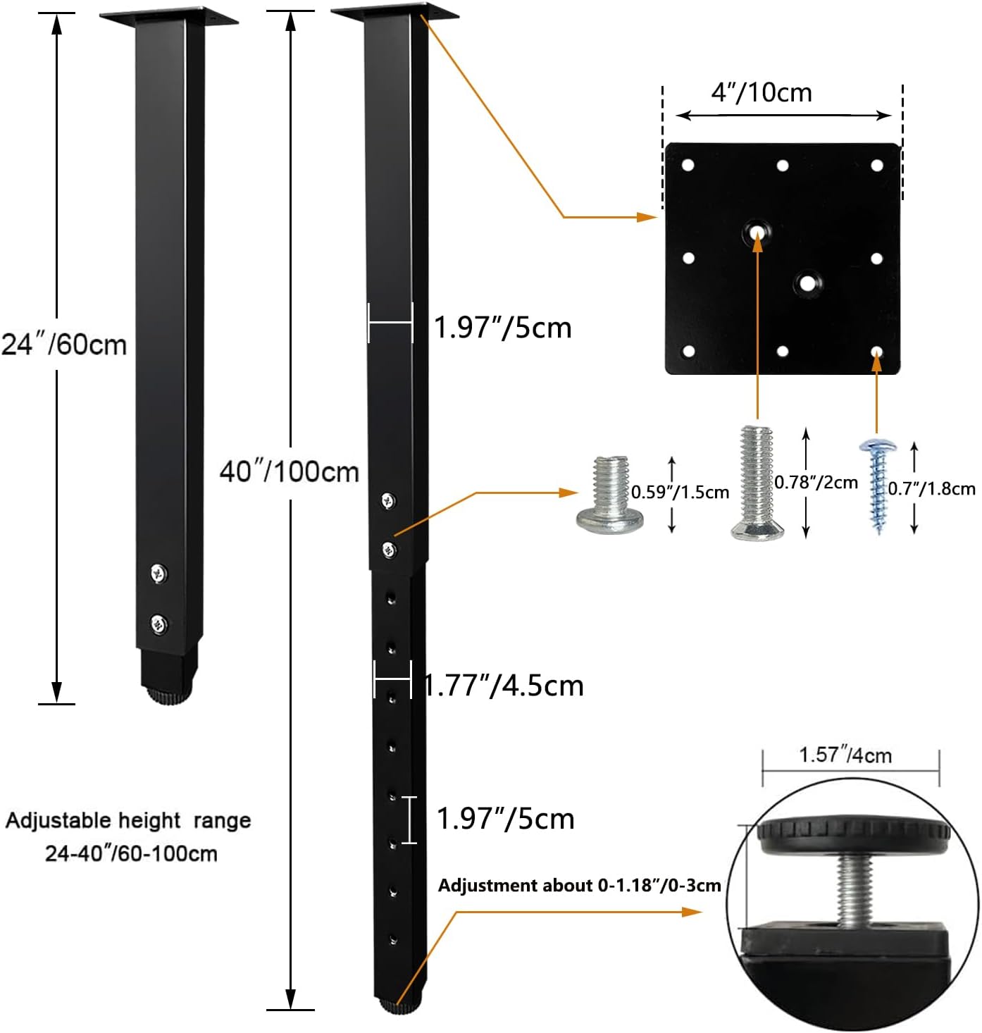 QLLY Adjustable Square Table Leg, 24-40 inch, 60-100cm, Home Office Custom DIY Table Legs, Furniture Leg Set (4, Black)