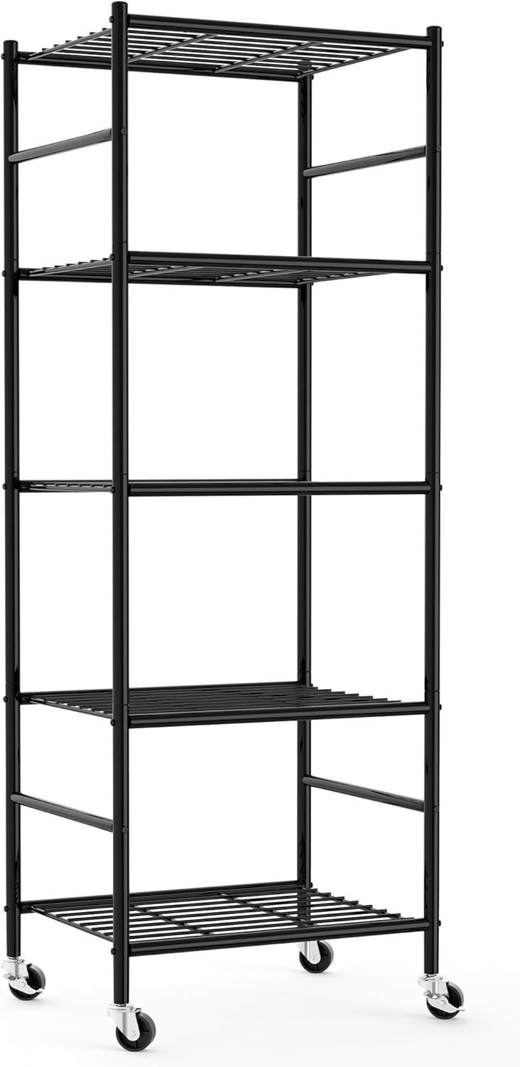 Storage Shelves Organizer - 5 Tier Metal Shelf Organizer with Metal Wheels and Adjustable Leveling Feet, Heavy Duty Garage Shelving for Kitchen, Pantry and Closet, 33.1"x12.6"x73.5", Black