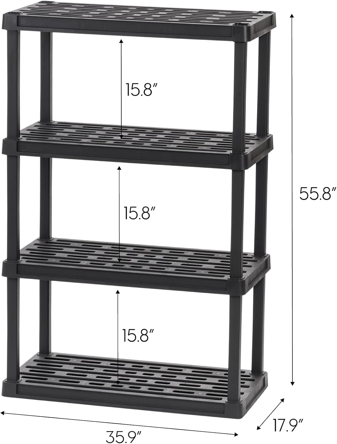 IRIS USA 4-Shelf Heavy Duty Plastic Storage Shelves, 600lb Capacity, 56" H x 36" W x 18" D, Large Modular Shelving Unit Storage Organizer for Garage, Home, Warehouse & Gym, Storage Rack - Black