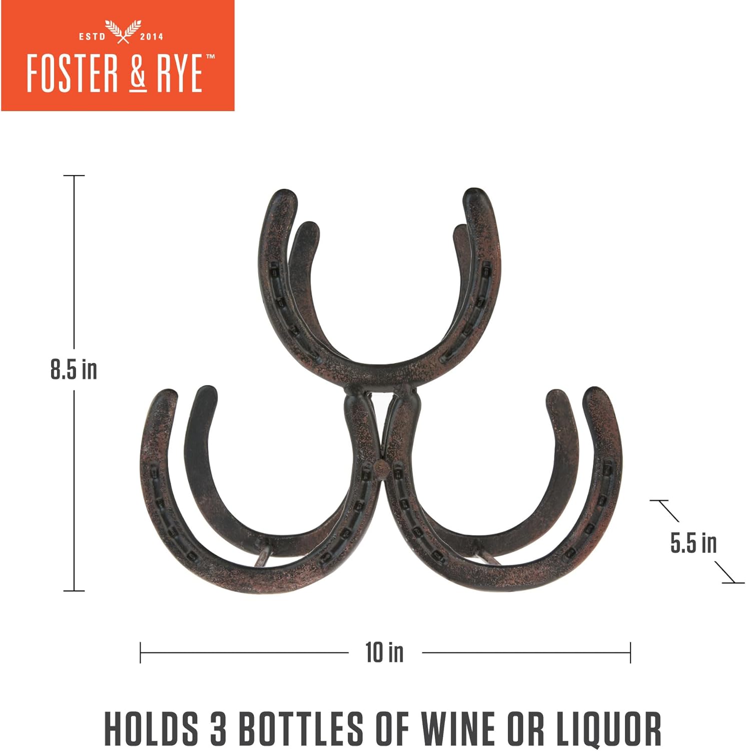 Foster & Rye Horseshoe Countertop Wine Rack, Cast Iron 3-Bottle Wine Holder, Rustic Metal Storage Rack for Kitchen, Home Bar, Tabletop Display, Western Style Decor, 10" x 5.5" x 8.5"
