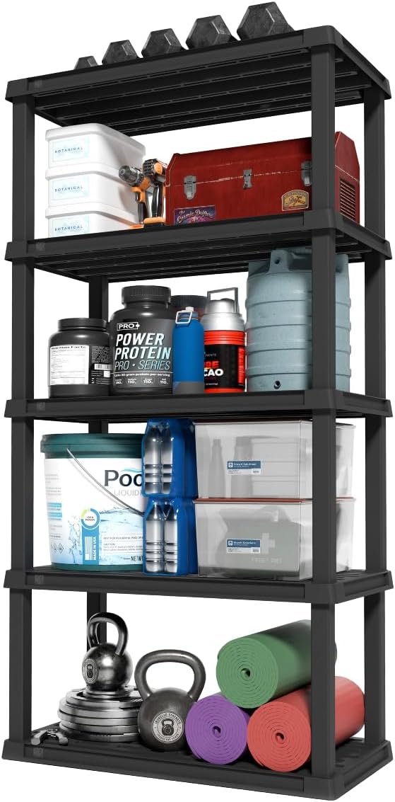 IRIS USA 4-Shelf Heavy Duty Plastic Storage Shelves, 600lb Capacity, 56" H x 36" W x 18" D, Large Modular Shelving Unit Storage Organizer for Garage, Home, Warehouse & Gym, Storage Rack - Black