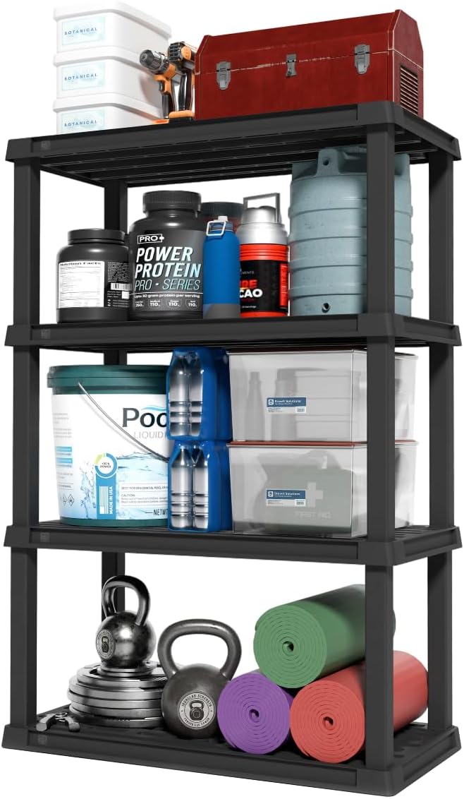 IRIS USA 4-Shelf Heavy Duty Plastic Storage Shelves, 600lb Capacity, 56" H x 36" W x 18" D, Large Modular Shelving Unit Storage Organizer for Garage, Home, Warehouse & Gym, Storage Rack - Black