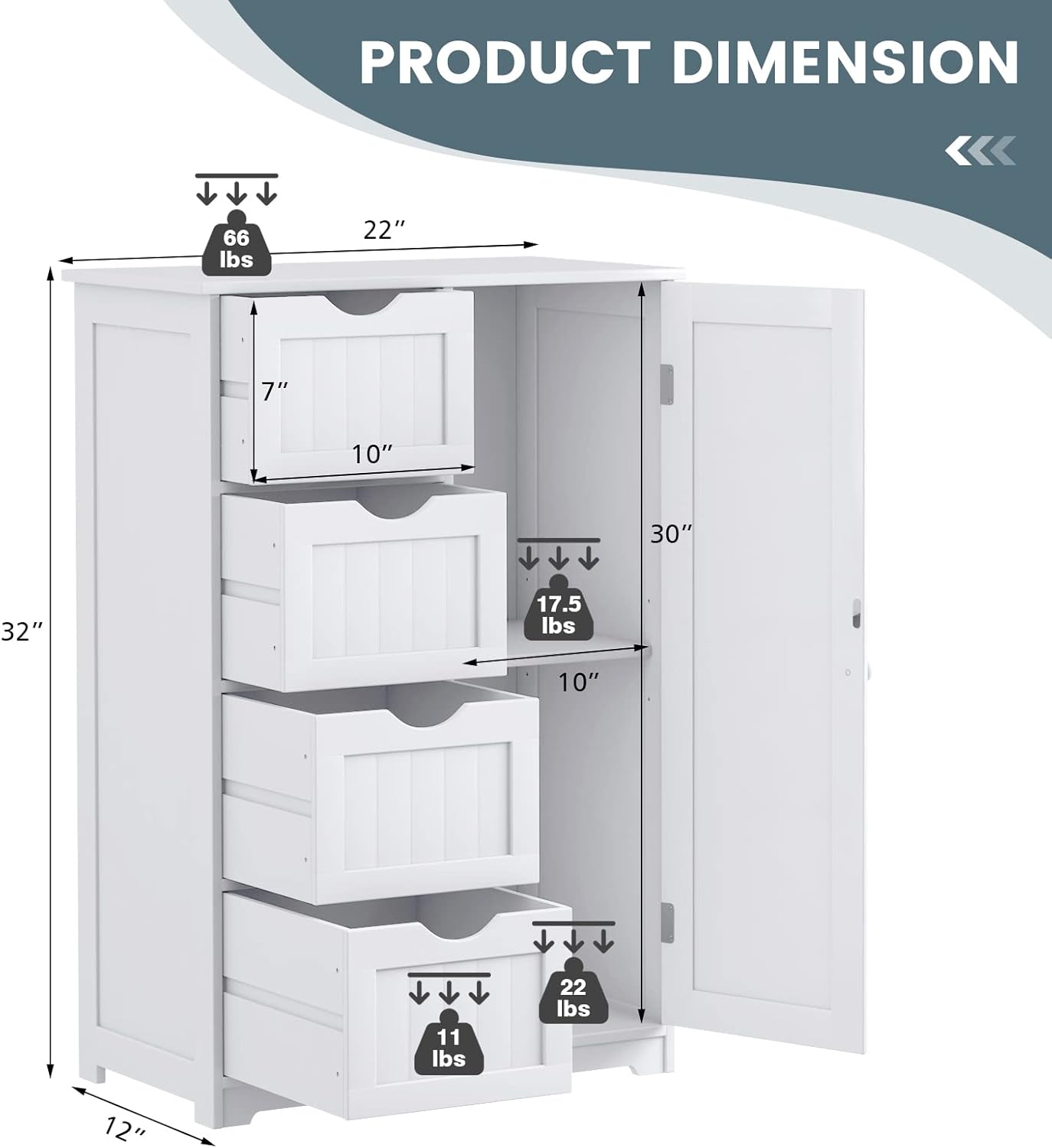 COSTWAY Bathroom Storage Cabinet, Wooden Storage Cupboard Organizer with 4 Drawers & Adjustable Shelf, Modern Floor Cabinet for Living Room, Bathroom, Kitchen, Entryway (White)