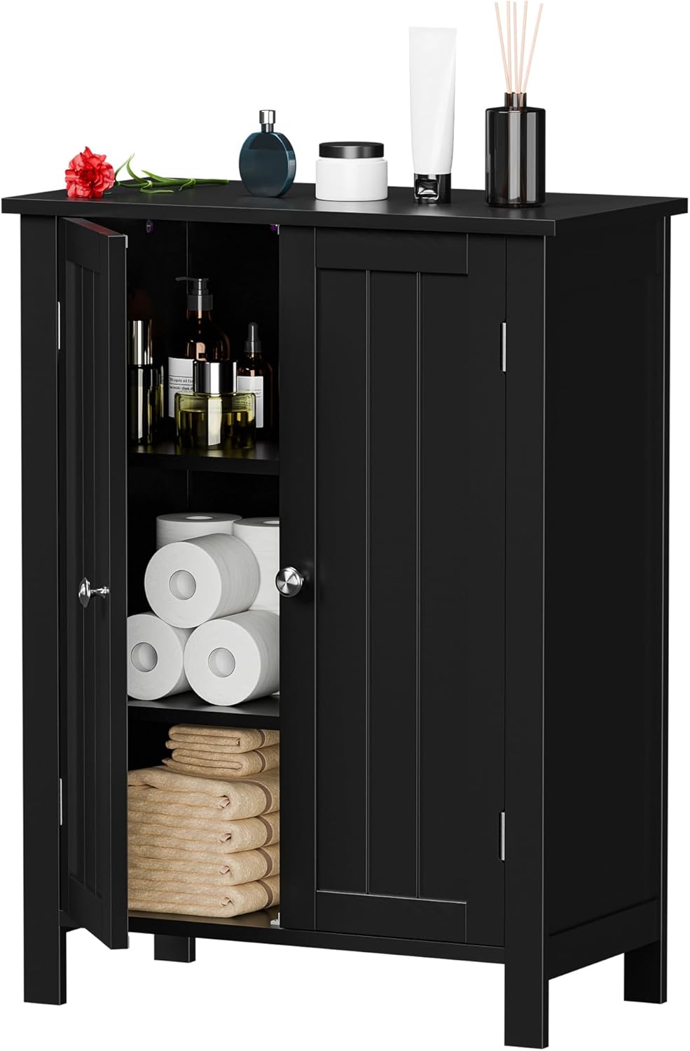 ZENY Bathroom Floor Storage Cabinet with Double Door + Adjustable Shelf, Wooden Organizer Cabinet for Living Room, Bathroom, Bedroom, Modern Home Furniture (White)