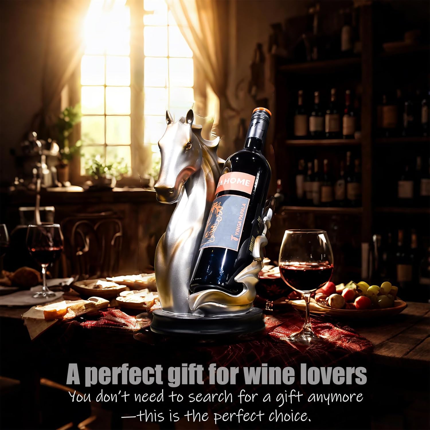 Wine Bottle Holder Wine Racks Tabletop Horse Statue as Home Kitchen Wine Cellar Decorative Storage Organizer, Horse Sculpture Horse Decor Horse Gifts for Girls Men Women (Silver)