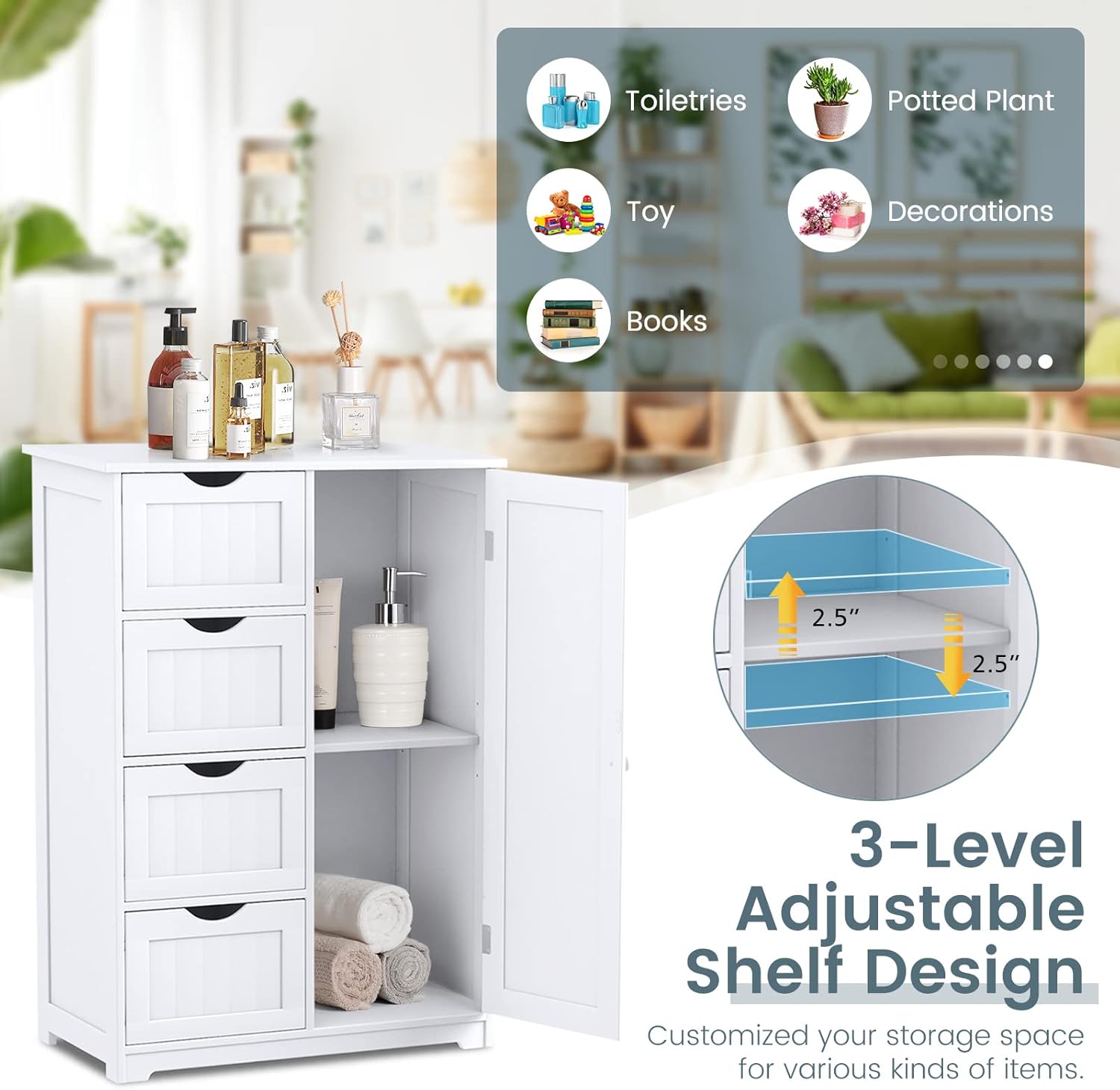 COSTWAY Bathroom Storage Cabinet, Wooden Storage Cupboard Organizer with 4 Drawers & Adjustable Shelf, Modern Floor Cabinet for Living Room, Bathroom, Kitchen, Entryway (White)