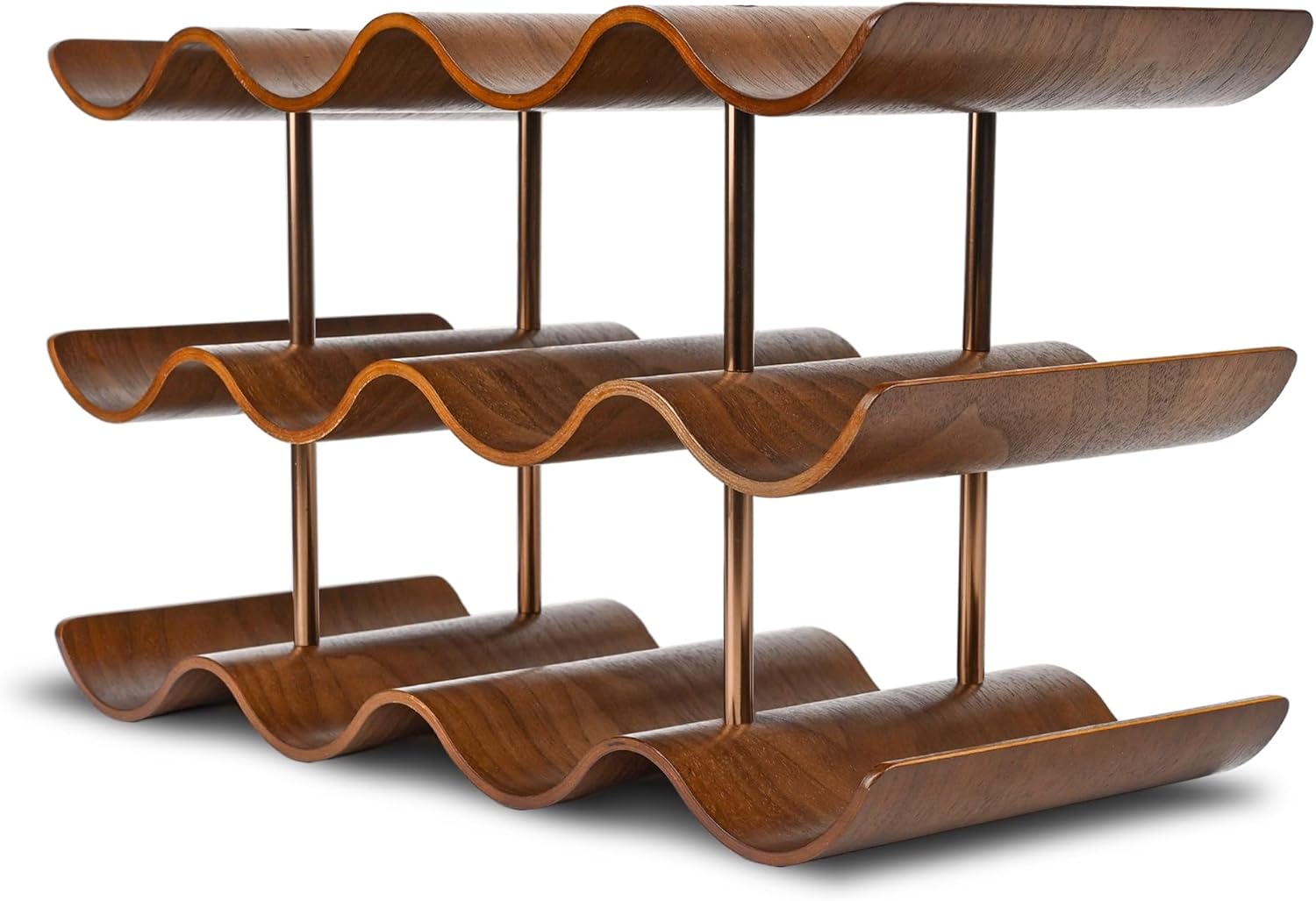 Countertop Wine Rack - 14 Bottle Freestanding Wine Bottle Holder Stand - 4 Tier Wooden Wine Storage Rack - Walnut Wavy Wine Organizer for Cabinet Pantry Home Kitchen Bar