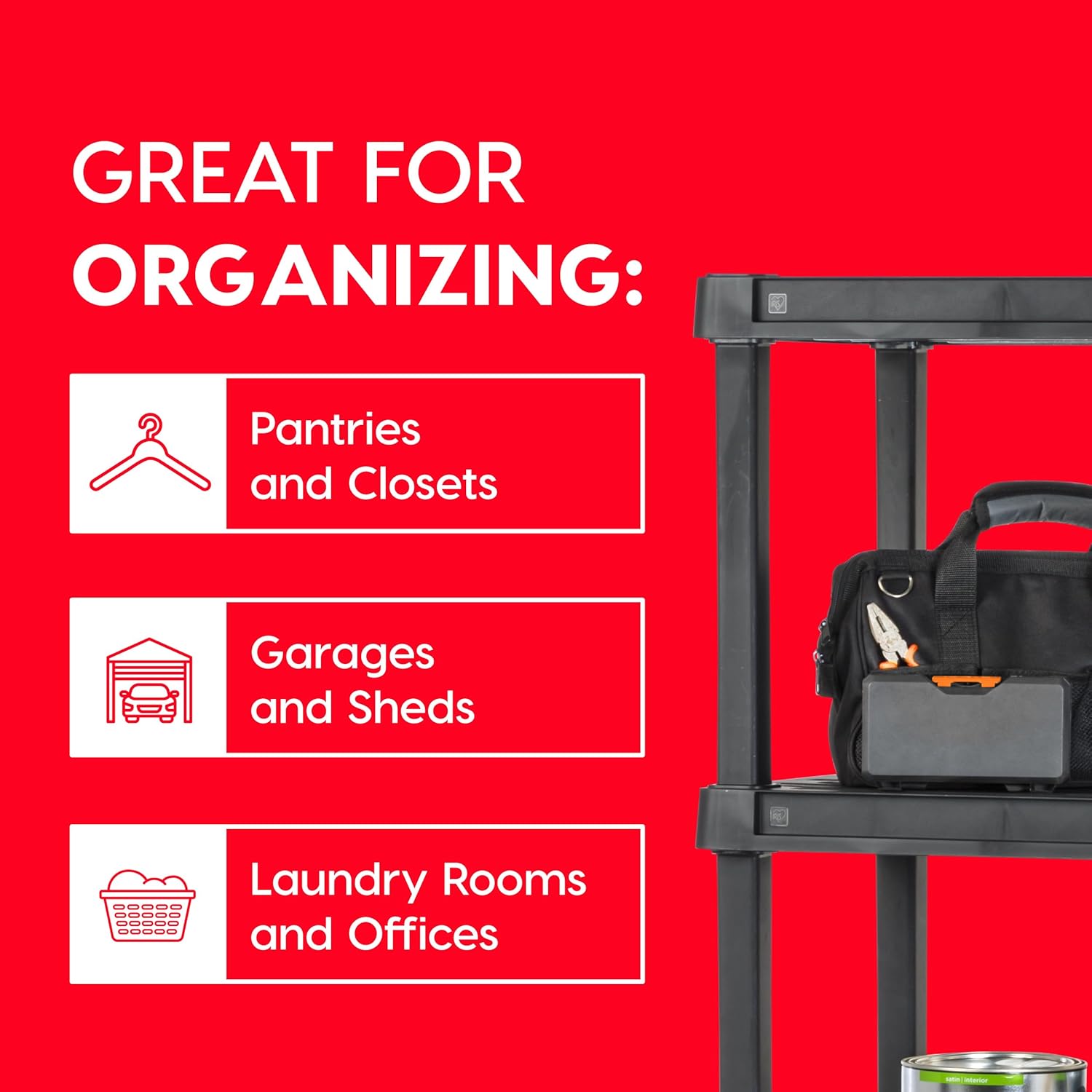 IRIS USA 4-Shelf Heavy Duty Plastic Storage Shelves, 600lb Capacity, 56" H x 36" W x 18" D, Large Modular Shelving Unit Storage Organizer for Garage, Home, Warehouse & Gym, Storage Rack - Black