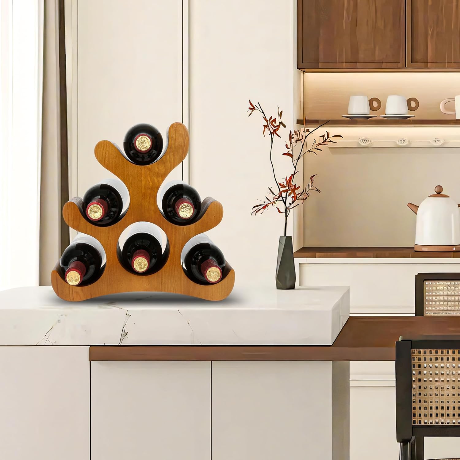 Countertop Wine Rack - 6 Bottle Wooden Wine Rack - Freestanding Wine Bottle Holder Stand - Wine Storage Rack for Cabinet Pantry Bar Kitchen (Brown)
