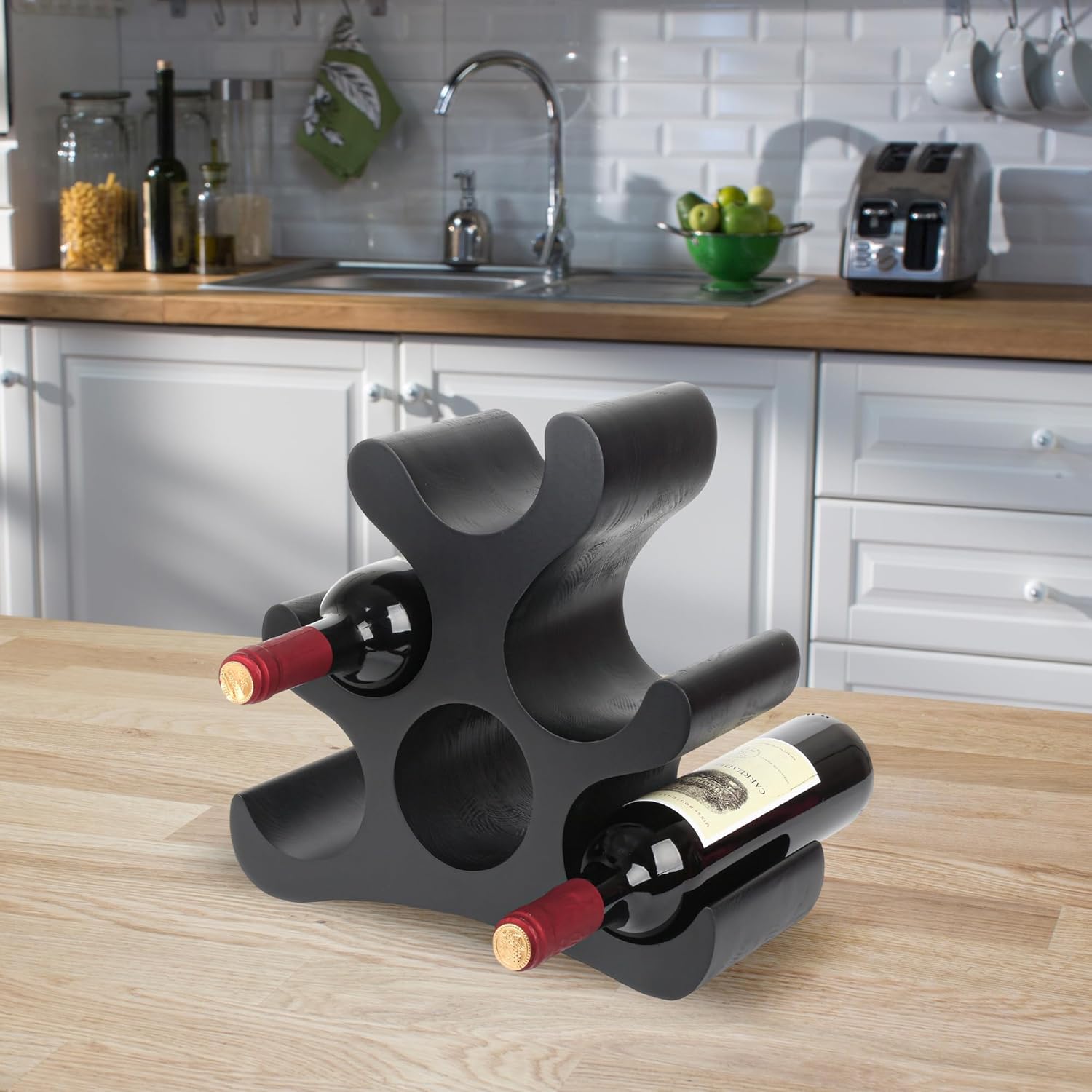 Countertop Wine Rack - 6 Bottle Wooden Wine Rack - Freestanding Wine Bottle Holder Stand - Wine Storage Rack for Cabinet Pantry Bar Kitchen (Black)