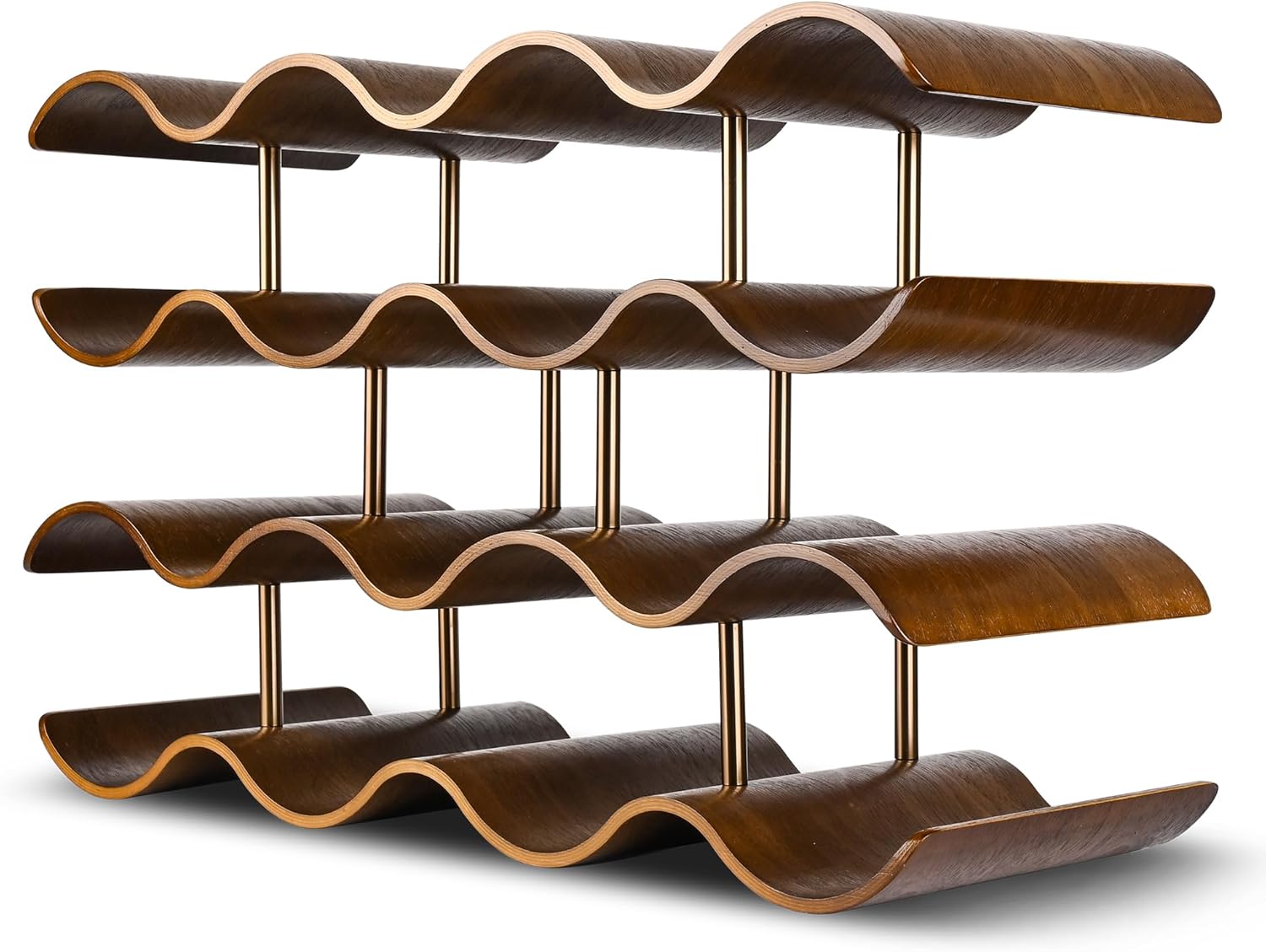 Countertop Wine Rack - 14 Bottle Freestanding Wine Bottle Holder Stand - 4 Tier Wooden Wine Storage Rack - Walnut Wavy Wine Organizer for Cabinet Pantry Home Kitchen Bar