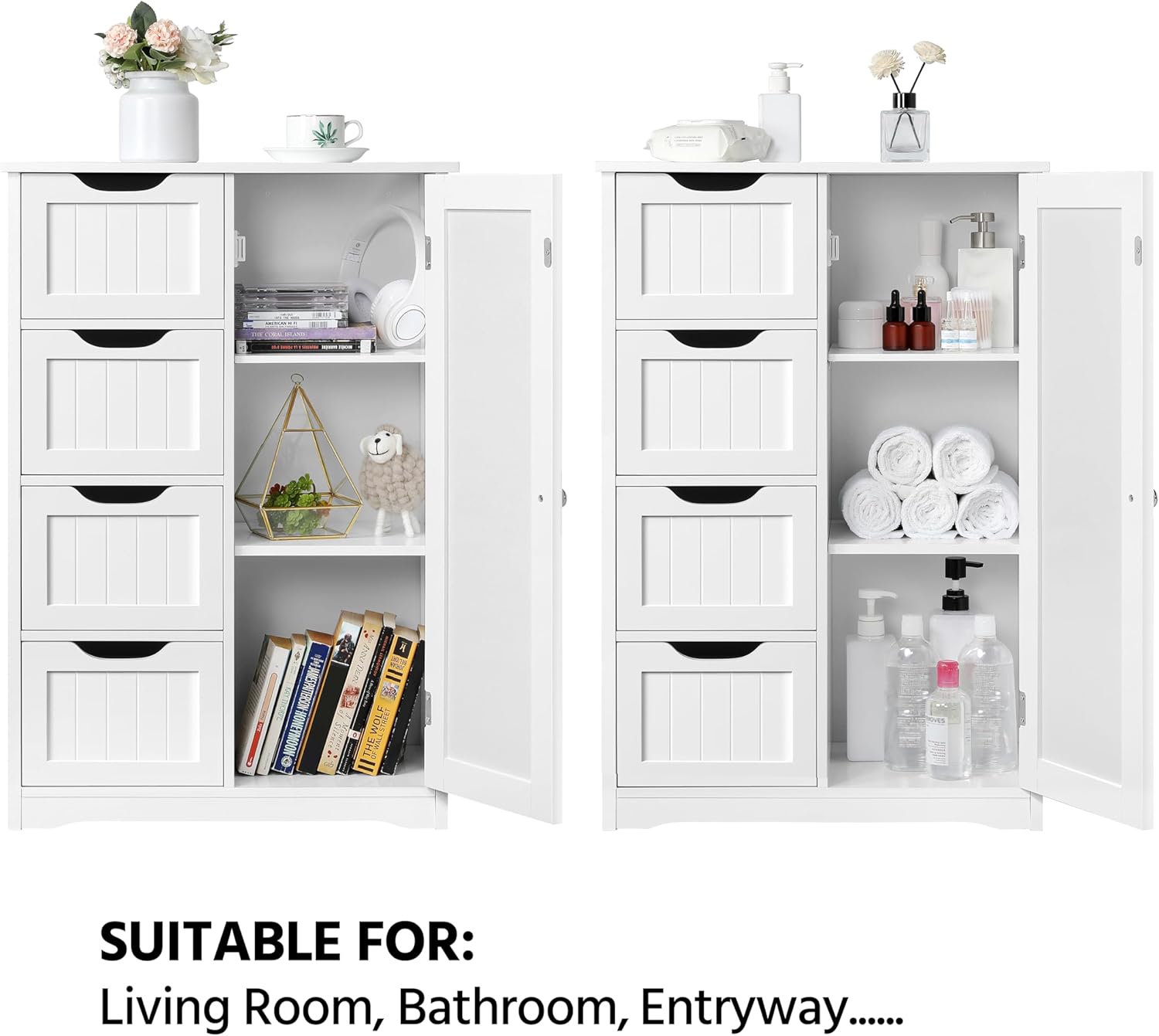 Yaheetech Wooden Floor Cabinet, Side Storage Organizer with 4 Drawers and 1 Cupboard, Freestanding Entryway Storage Unit Console Table, Bathroom Furniture Home Decor, White