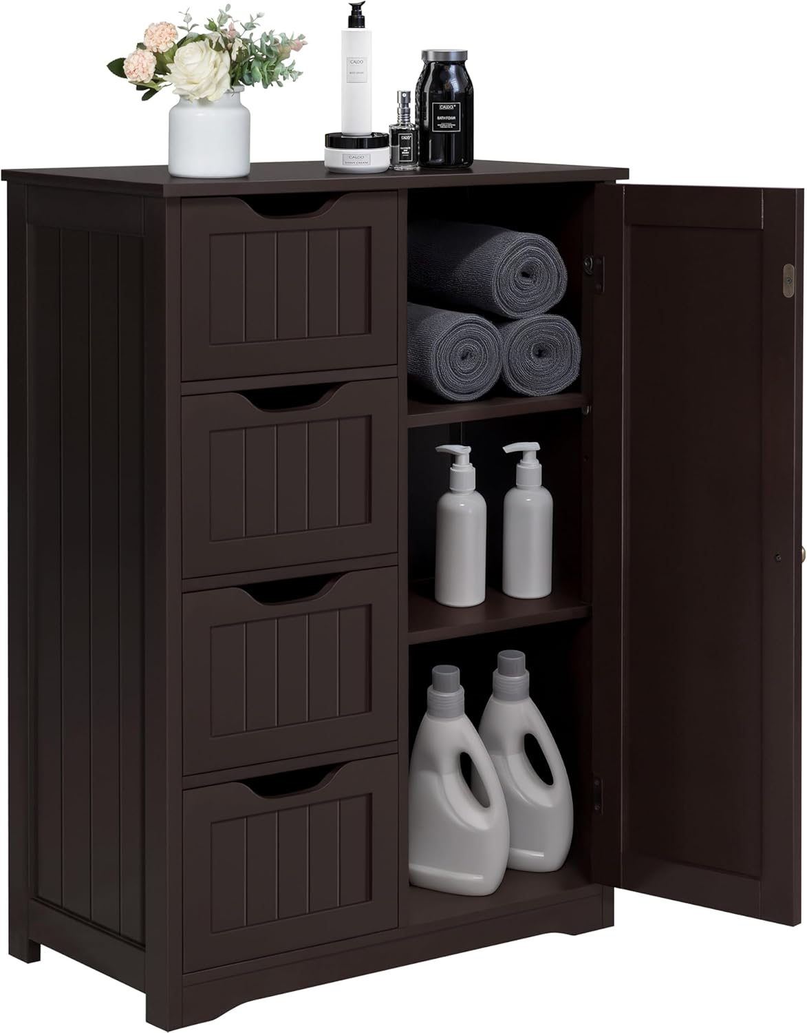 Yaheetech Wooden Bathroom Floor/Side Storage Organizer Cabinet with 4 Drawers and 1 Cupboard, Freestanding Entryway Storage Unit Console Table for Home Decor