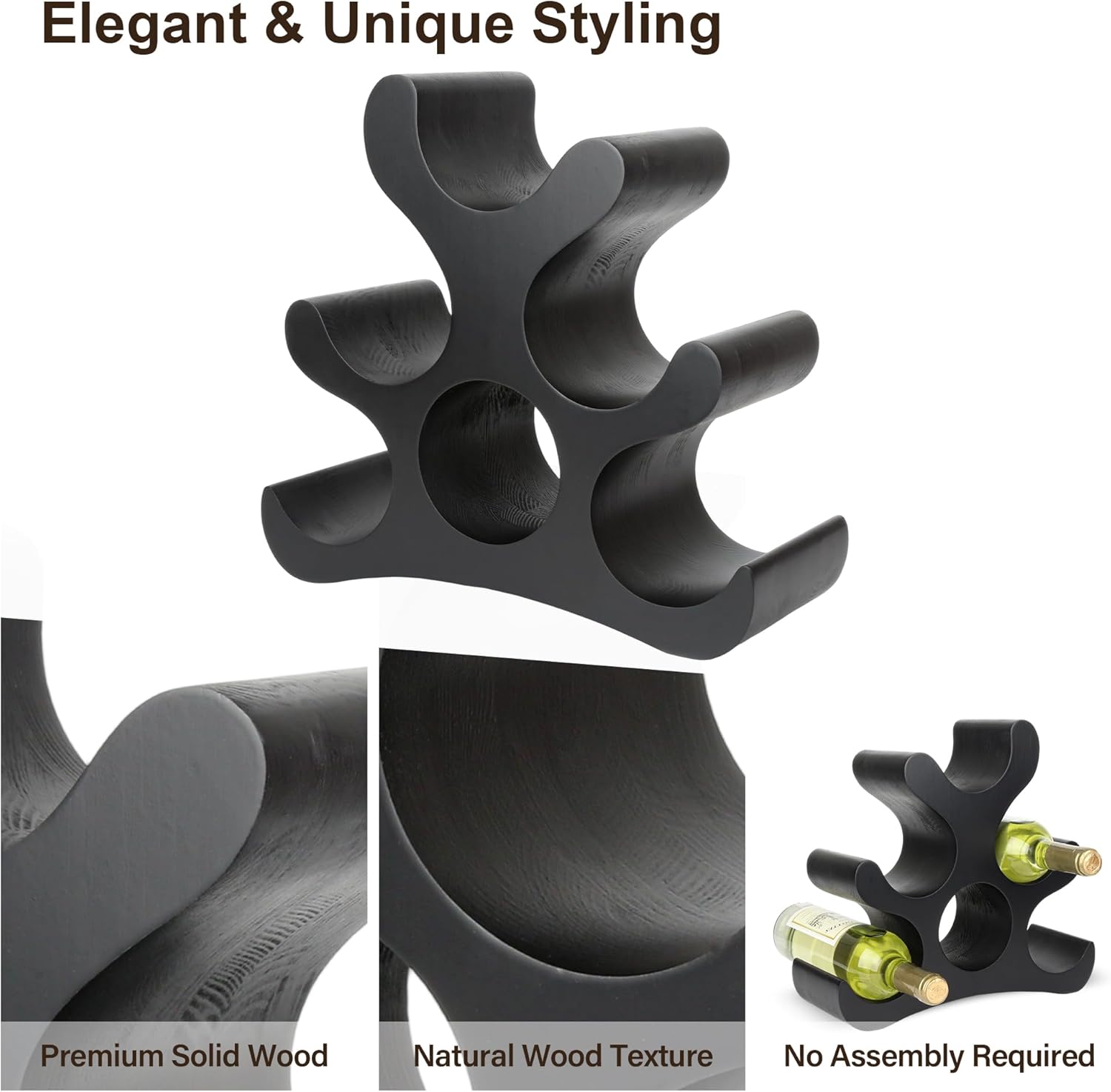 Countertop Wine Rack - 6 Bottle Wooden Wine Rack - Freestanding Wine Bottle Holder Stand - Wine Storage Rack for Cabinet Pantry Bar Kitchen (Black)