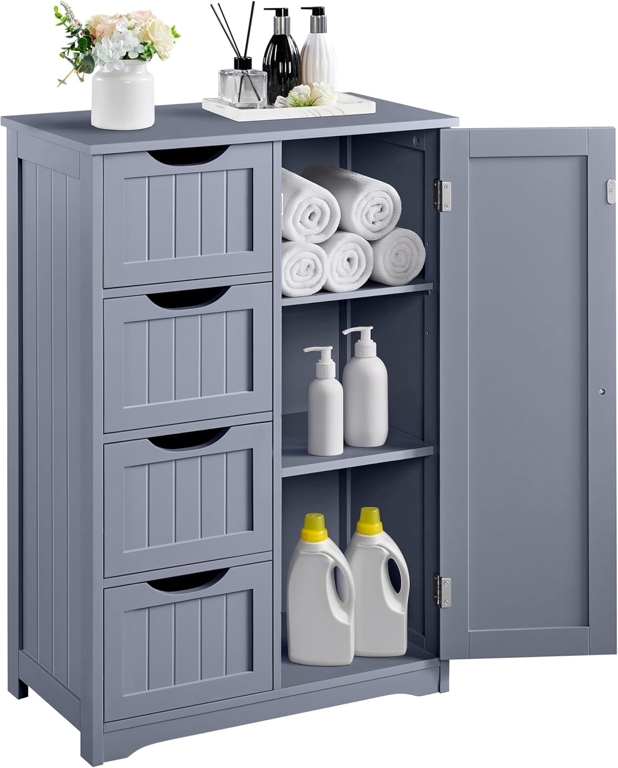 Yaheetech Wooden Floor Cabinet, Side Storage Organizer with 4 Drawers and 1 Cupboard, Freestanding Entryway Storage Unit Console Table, Bathroom Furniture Home Decor, White