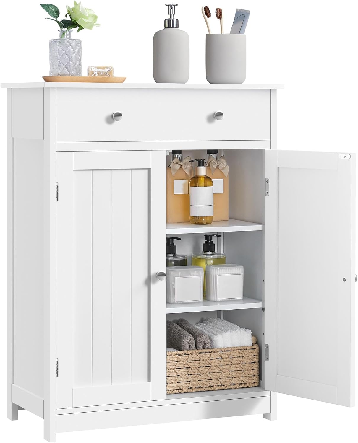 Yaheetech Free Standing Bathroom Cabinet with 1 Drawer 2 Doors and Adjustable Shelf, Wooden Entryway Storage Cabinet, 11.8D x 23.6W x 31.5H in, White