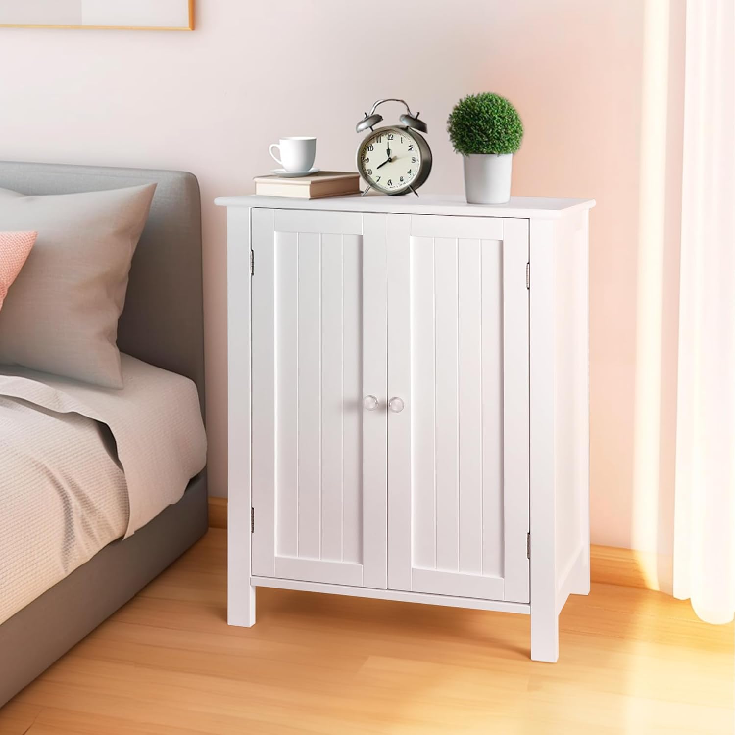 ZENY Bathroom Floor Storage Cabinet with Double Door + Adjustable Shelf, Wooden Organizer Cabinet for Living Room, Bathroom, Bedroom, Modern Home Furniture (White)