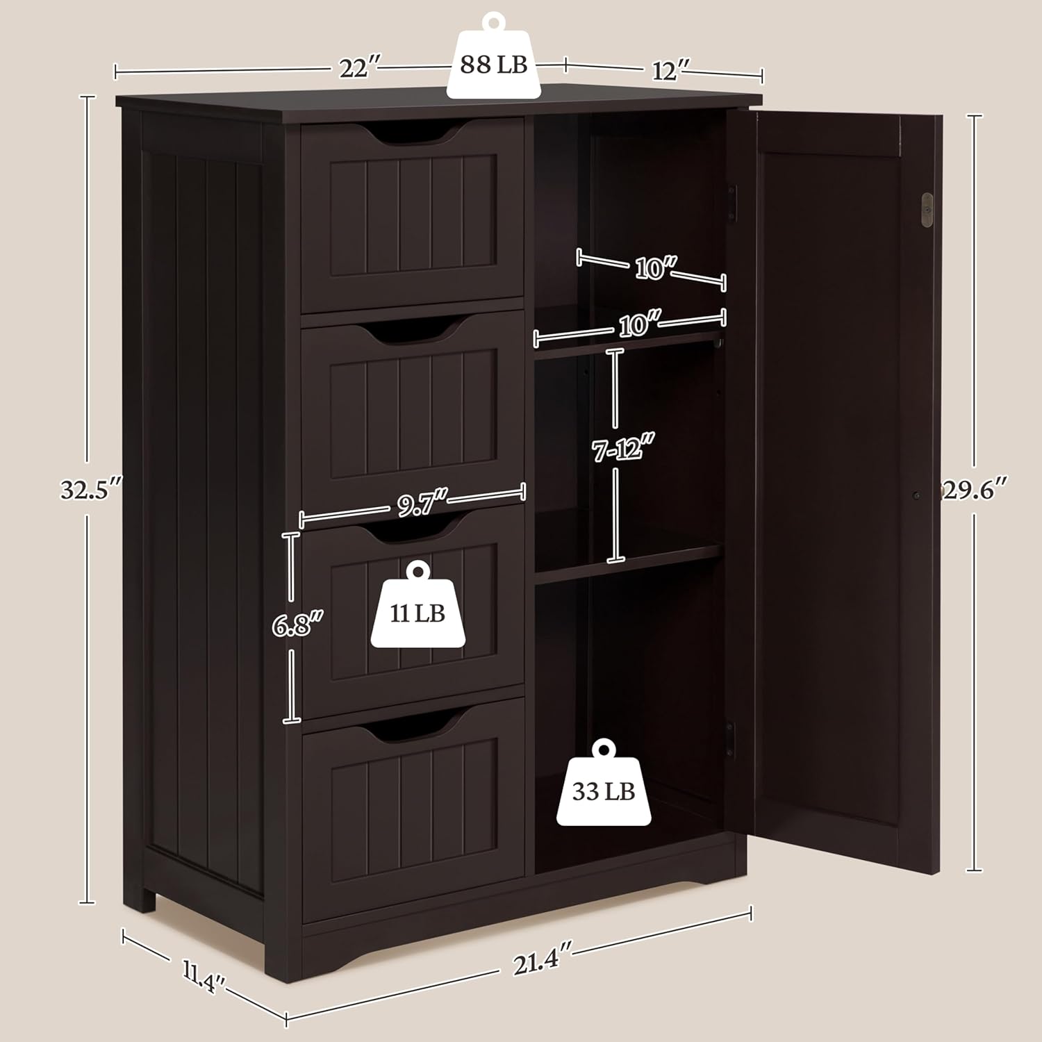 Yaheetech Wooden Bathroom Floor Cabinet, Side Storage Organizer Cabinet with 4 Drawers and 1 Cupboard, Freestanding Entryway Storage Unit Console Table, Home Decor Furniture, Brown