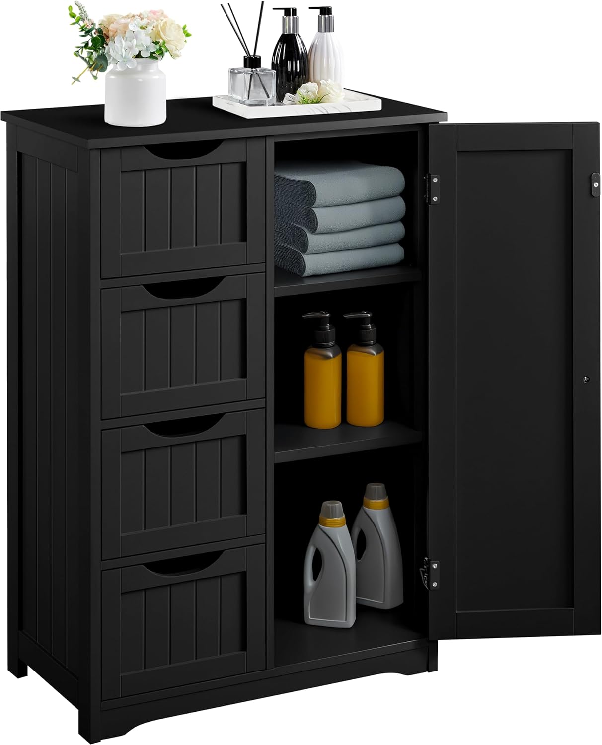 Yaheetech Wooden Bathroom Floor Cabinet, Side Storage Organizer Cabinet with 4 Drawers and 1 Cupboard, Freestanding Entryway Storage Unit Console Table, Home Decor Furniture, Brown