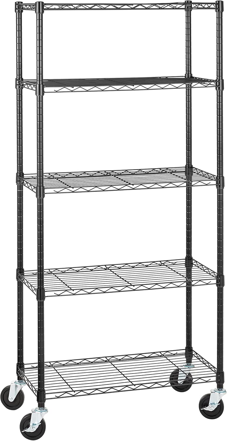 Amazon Basics 5-Shelf Adjustable, Heavy Duty Storage Shelving Unit on 4'' Wheel Casters, Metal Organizer Wire Rack, 30" L x 14" W x 64.8" H, Chrome