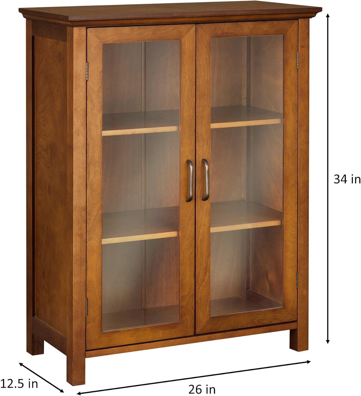 Teamson Home Avery Wooden Freestanding Floor Cabinet with 2 Adjustable Shelves 3 Storage Spaces 2 Glass Paneled Doors and 2 Antique Brass Knobs, Oiled Oak