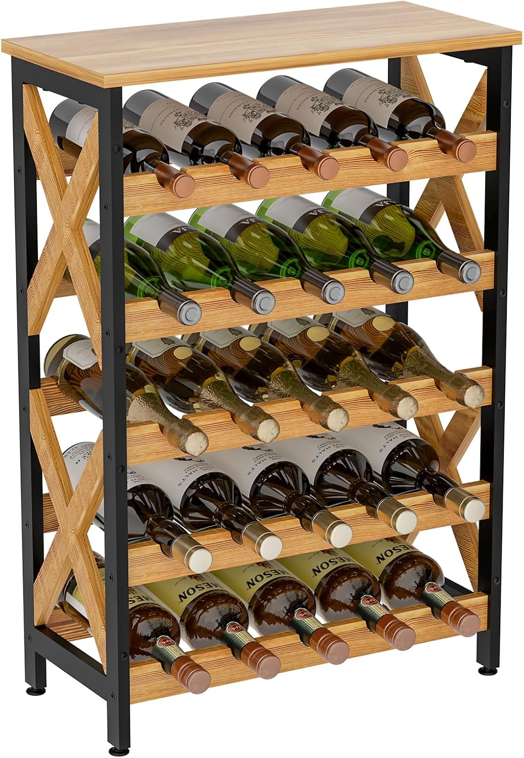 20 Bottle Wine Rack Freestanding Floor with Wood Top,Wobble-Free 5 Tier Wine Display Storage Stand Shelf,Stackable Modular Wine Bottle Holder Rack for Kitchen,Cellar,Living Room