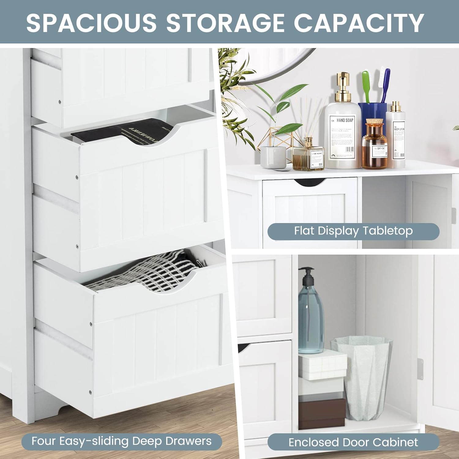 COSTWAY Bathroom Storage Cabinet, Wooden Storage Cupboard Organizer with 4 Drawers & Adjustable Shelf, Modern Floor Cabinet for Living Room, Bathroom, Kitchen, Entryway (White)