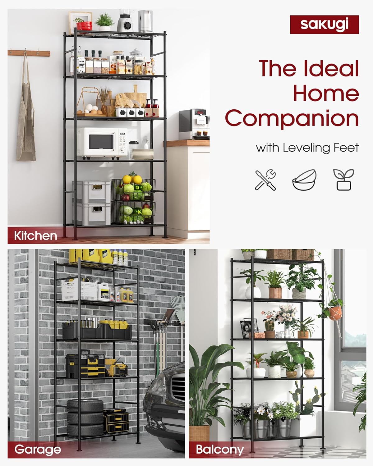 Storage Shelves Organizer - 5 Tier Metal Shelf Organizer with Metal Wheels and Adjustable Leveling Feet, Heavy Duty Garage Shelving for Kitchen, Pantry and Closet, 33.1"x12.6"x73.5", Black