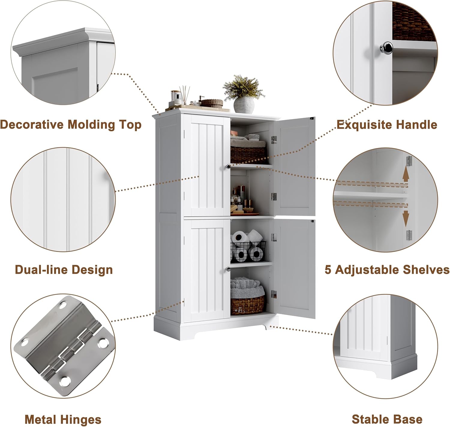 ChooChoo Bathroom Floor Cabinet, Modern Bathroom Storage Cabinet with 4 Doors and Adjustable Shelves, Freestanding Cupboard for Living Room, White
