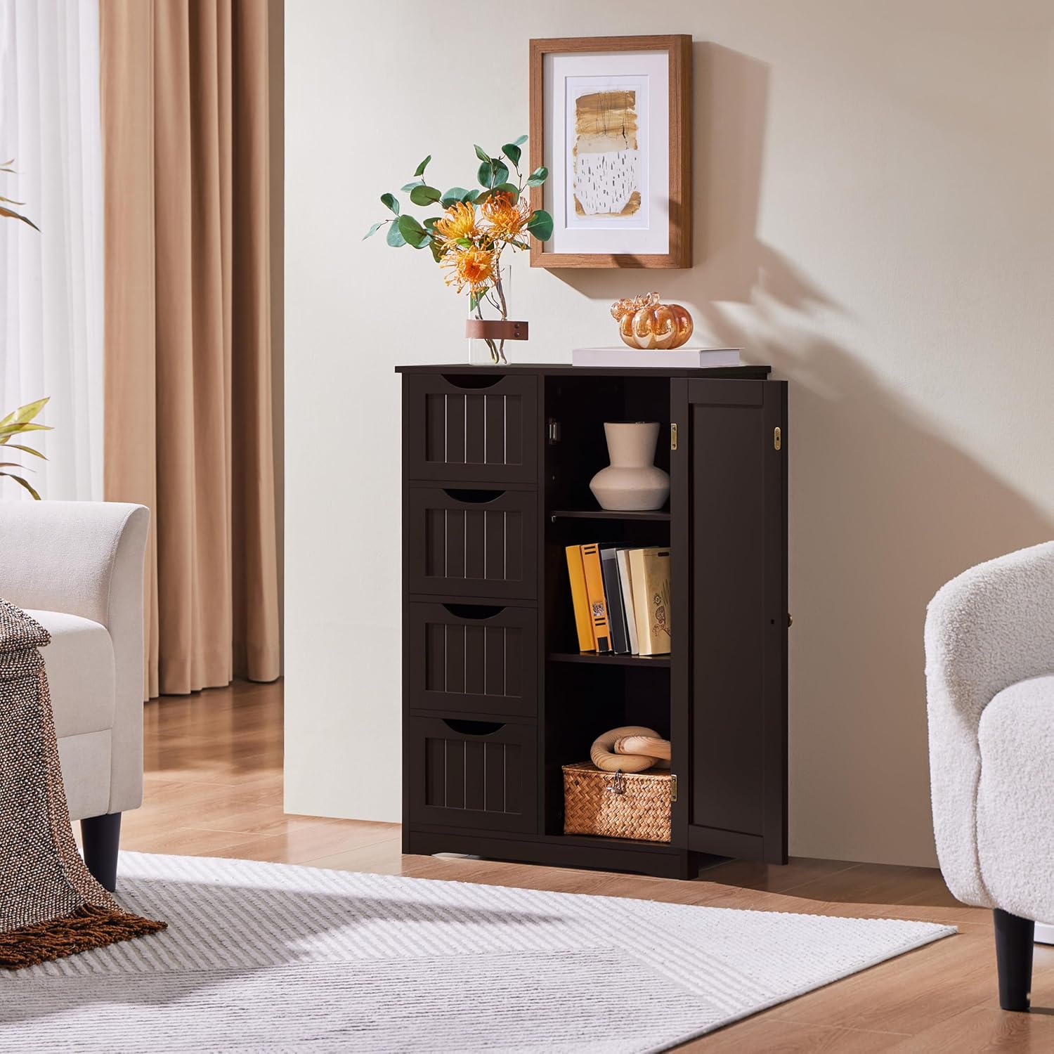 Yaheetech Wooden Bathroom Floor Cabinet, Side Storage Organizer Cabinet with 4 Drawers and 1 Cupboard, Freestanding Entryway Storage Unit Console Table, Home Decor Furniture, Brown