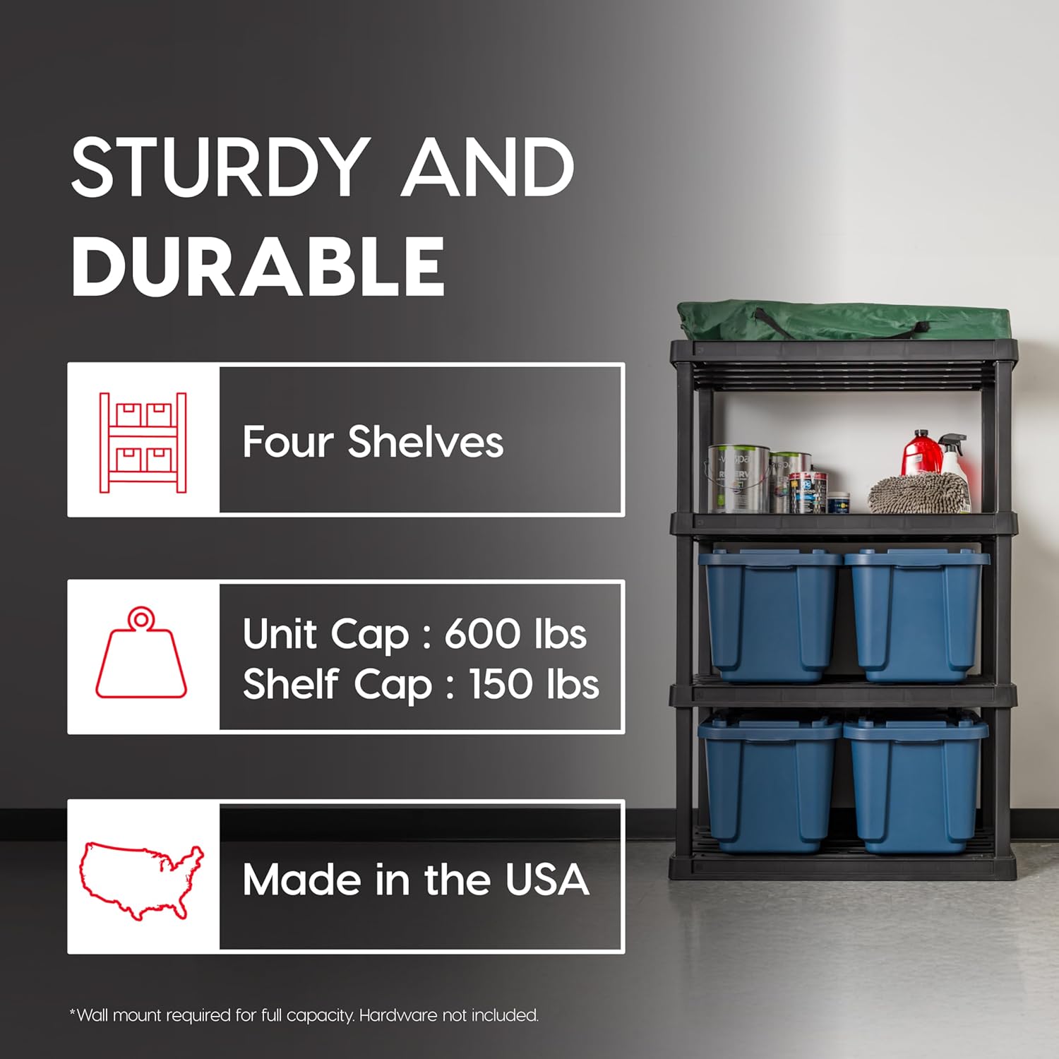 IRIS USA 4-Shelf Heavy Duty Plastic Storage Shelves, 600lb Capacity, 56" H x 36" W x 18" D, Large Modular Shelving Unit Storage Organizer for Garage, Home, Warehouse & Gym, Storage Rack - Black