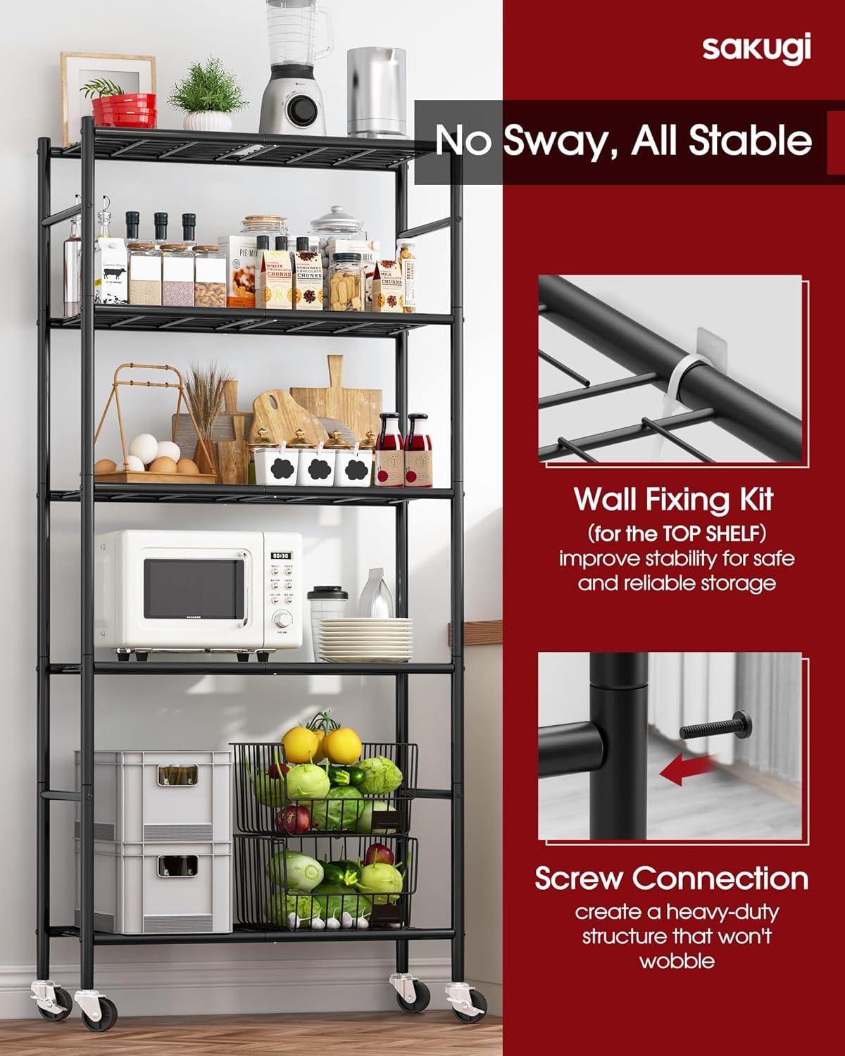 Storage Shelves Organizer - 5 Tier Metal Shelf Organizer with Metal Wheels and Adjustable Leveling Feet, Heavy Duty Garage Shelving for Kitchen, Pantry and Closet, 33.1"x12.6"x73.5", Black