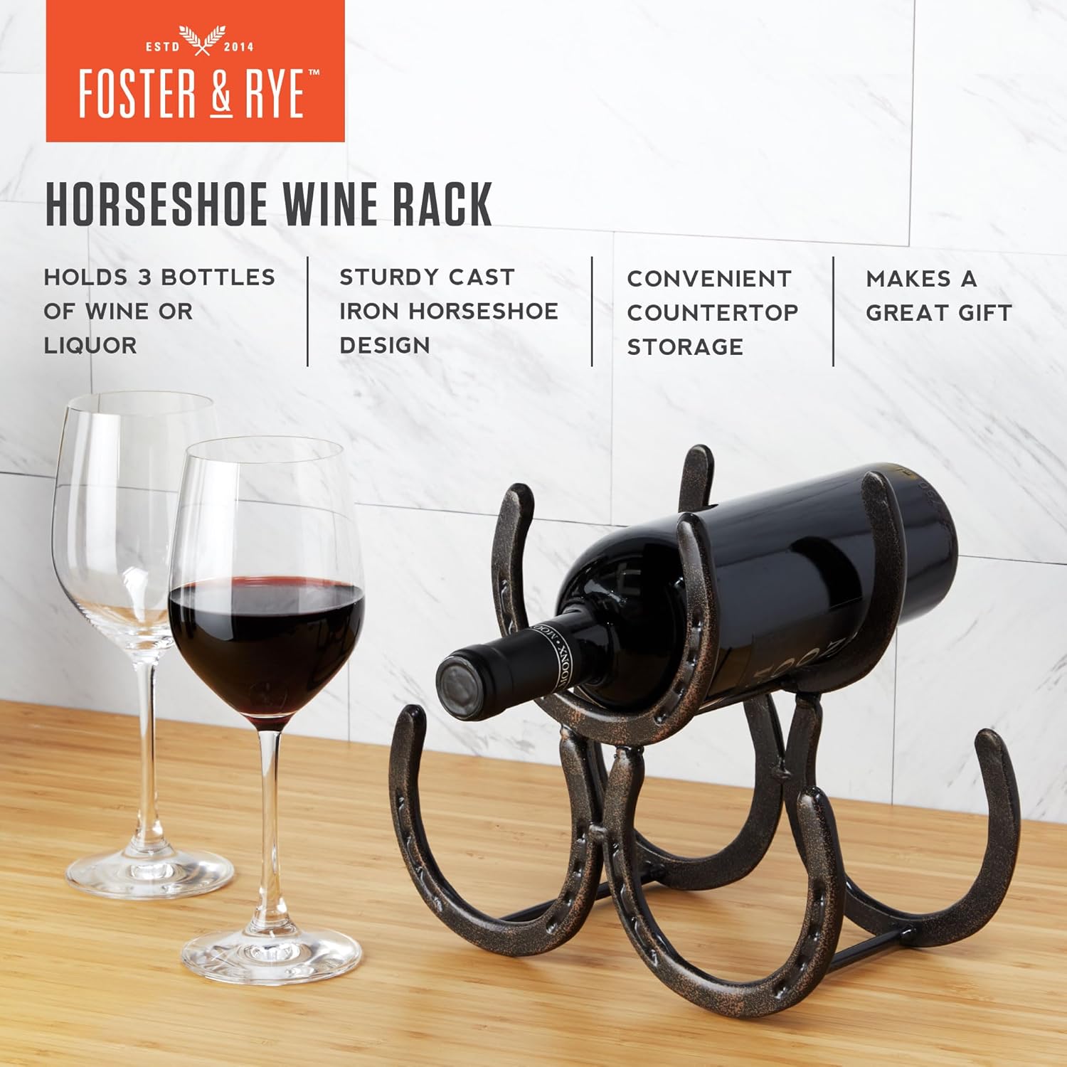 Foster & Rye Horseshoe Countertop Wine Rack, Cast Iron 3-Bottle Wine Holder, Rustic Metal Storage Rack for Kitchen, Home Bar, Tabletop Display, Western Style Decor, 10" x 5.5" x 8.5"