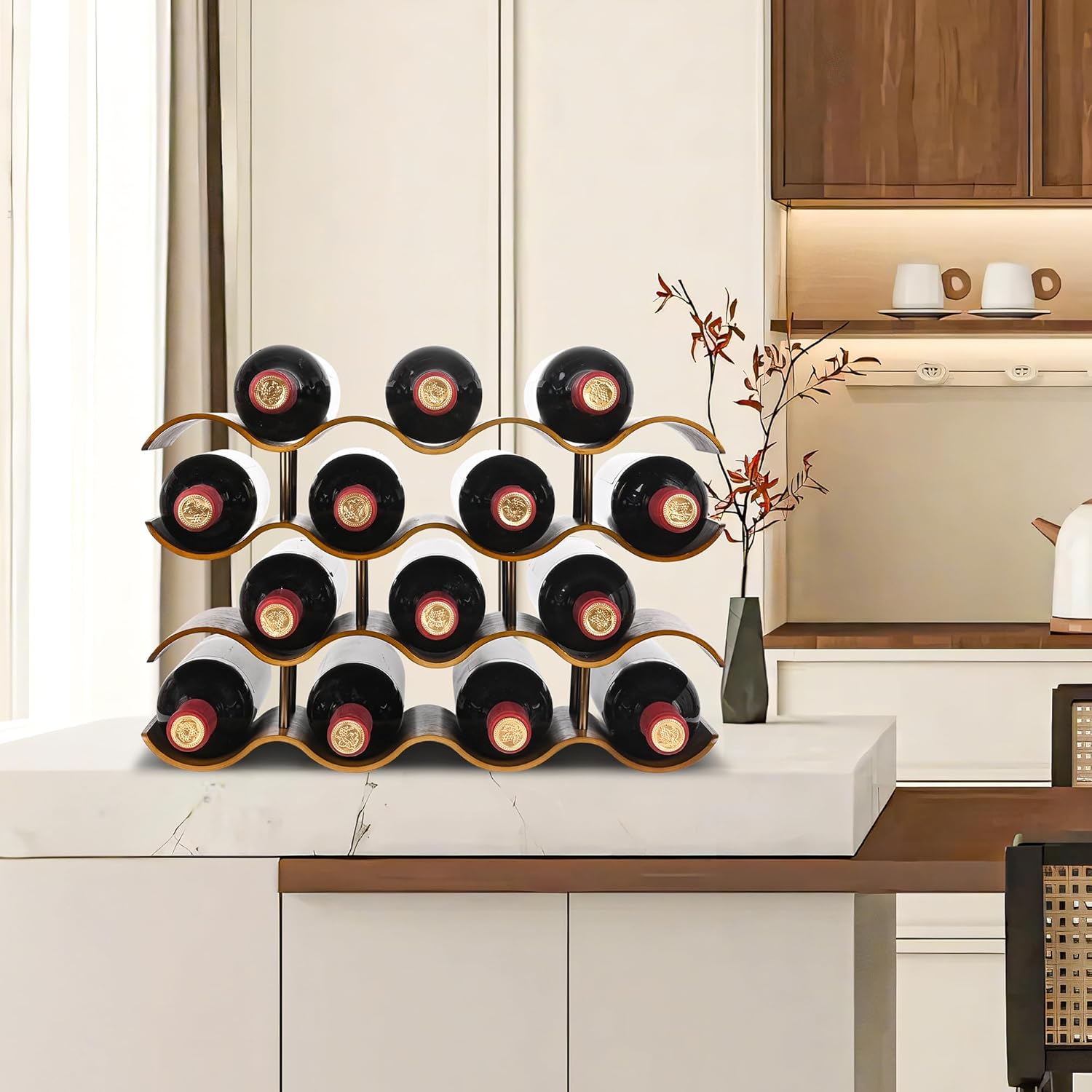 Countertop Wine Rack - 14 Bottle Freestanding Wine Bottle Holder Stand - 4 Tier Wooden Wine Storage Rack - Walnut Wavy Wine Organizer for Cabinet Pantry Home Kitchen Bar