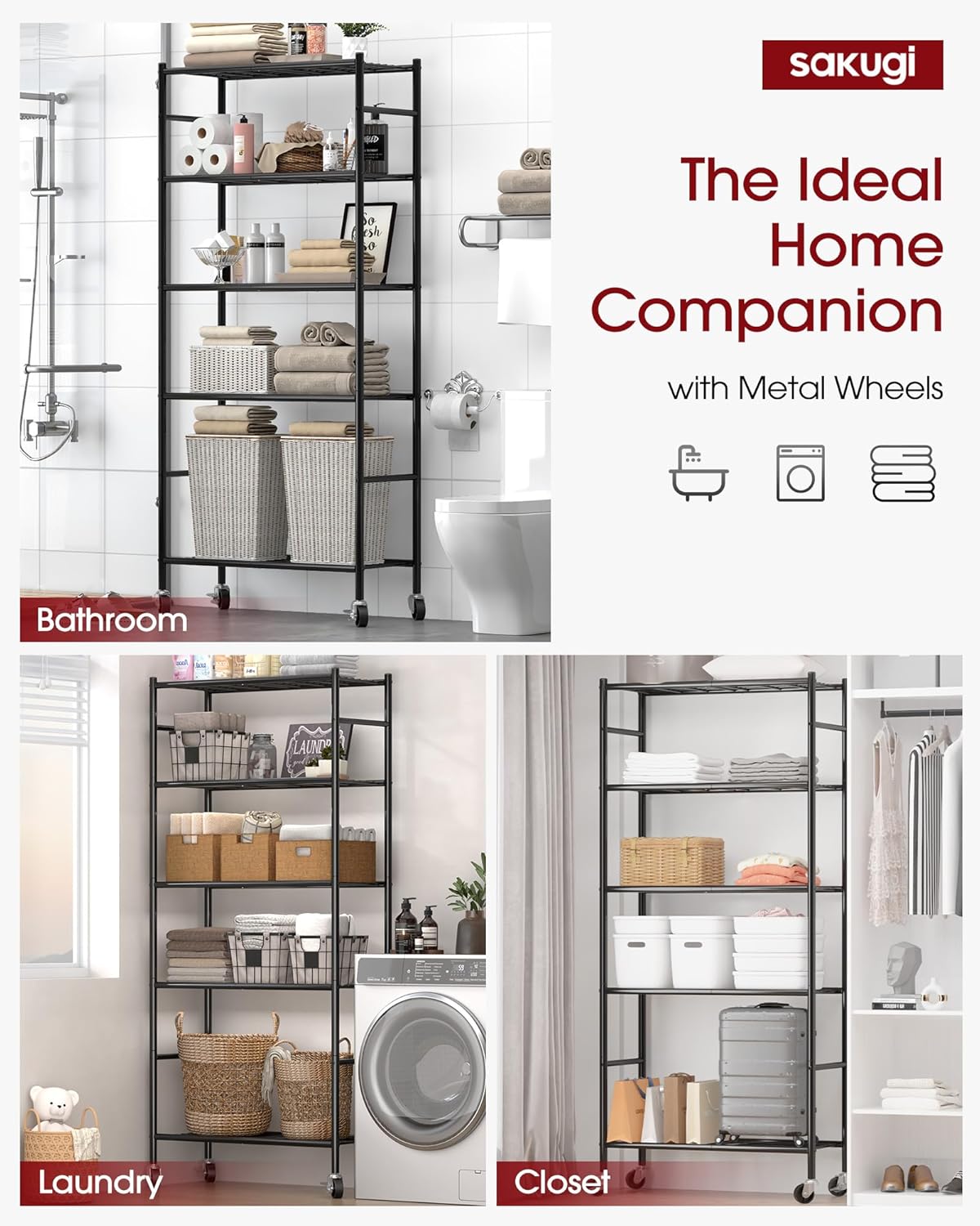 Storage Shelves Organizer - 5 Tier Metal Shelf Organizer with Metal Wheels and Adjustable Leveling Feet, Heavy Duty Garage Shelving for Kitchen, Pantry and Closet, 33.1"x12.6"x73.5", Black