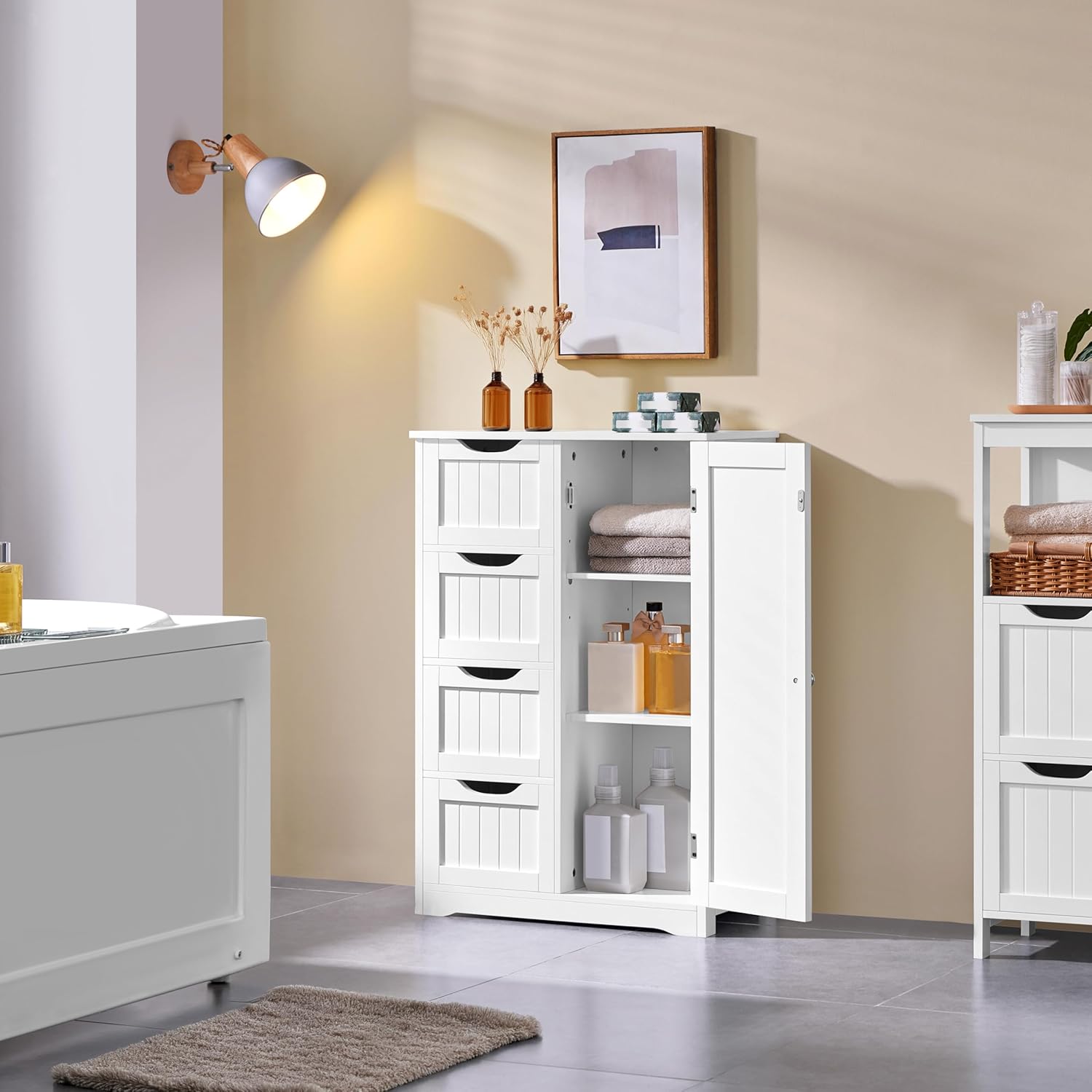 Yaheetech Wooden Floor Cabinet, Side Storage Organizer with 4 Drawers and 1 Cupboard, Freestanding Entryway Storage Unit Console Table, Bathroom Furniture Home Decor, White