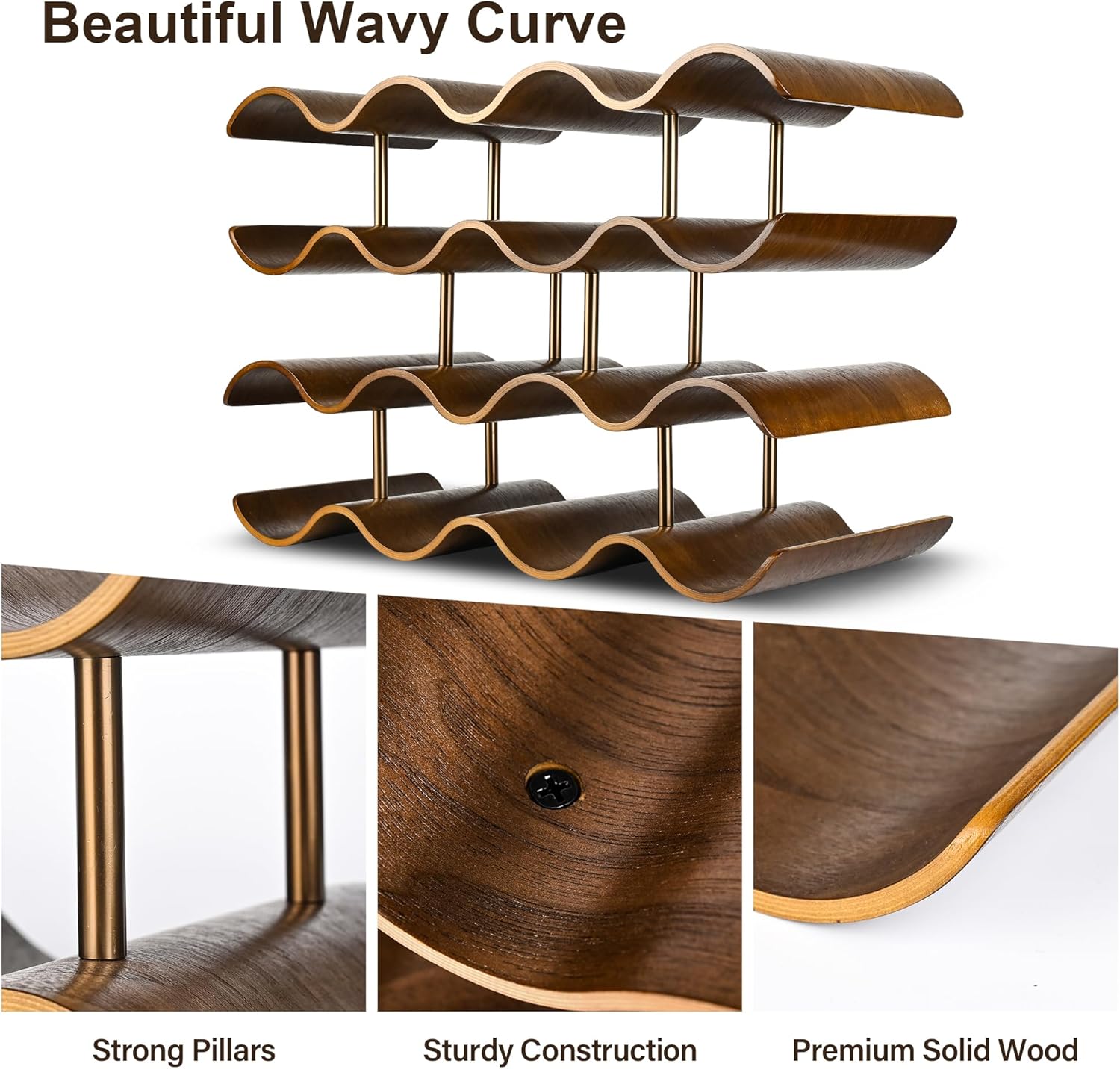 Countertop Wine Rack - 14 Bottle Freestanding Wine Bottle Holder Stand - 4 Tier Wooden Wine Storage Rack - Walnut Wavy Wine Organizer for Cabinet Pantry Home Kitchen Bar